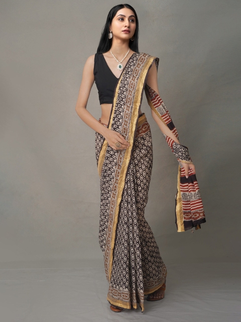 

Unnati Silks Black & Cream-Coloured Ethnic Motifs Zari Mulmul Cotton Block Print Saree