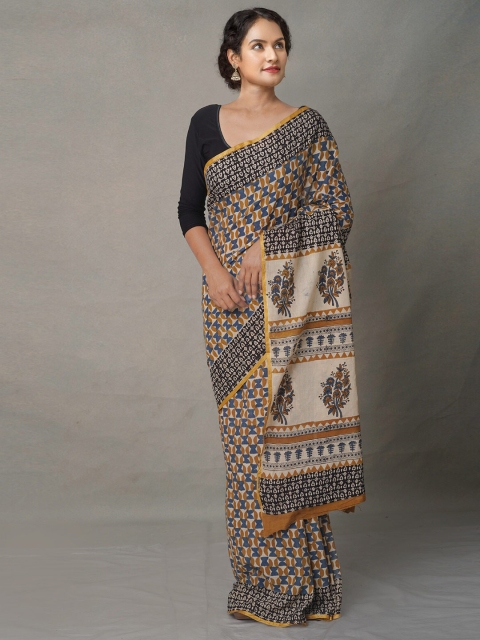 

Unnati Silks Mustard & Beige Ethnic Motifs Zari Pure Cotton Block Print Saree