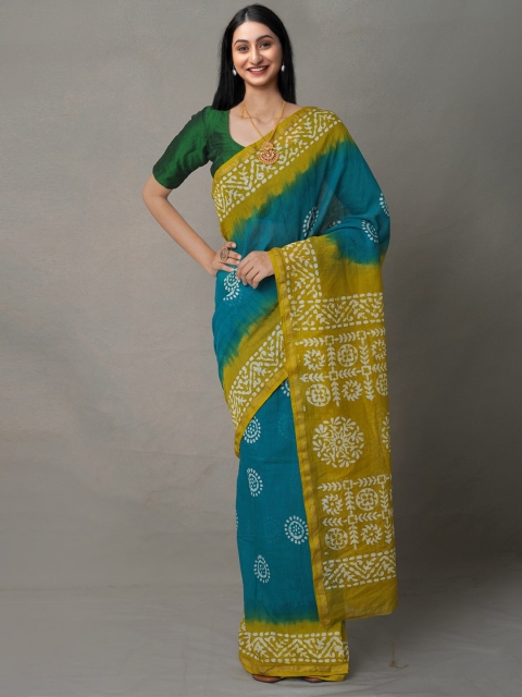 

Unnati Silks Blue & Green Batik Zari Pure Cotton Jamdani Saree