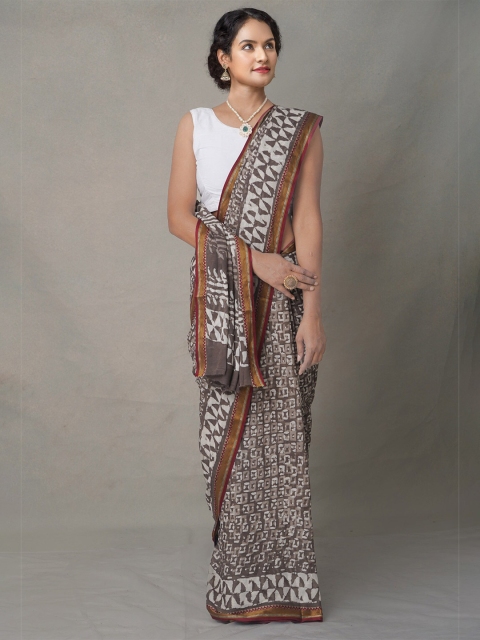 

Unnati Silks Grey & Gold-Toned Tie and Dye Zari Pure Cotton Block Print Saree