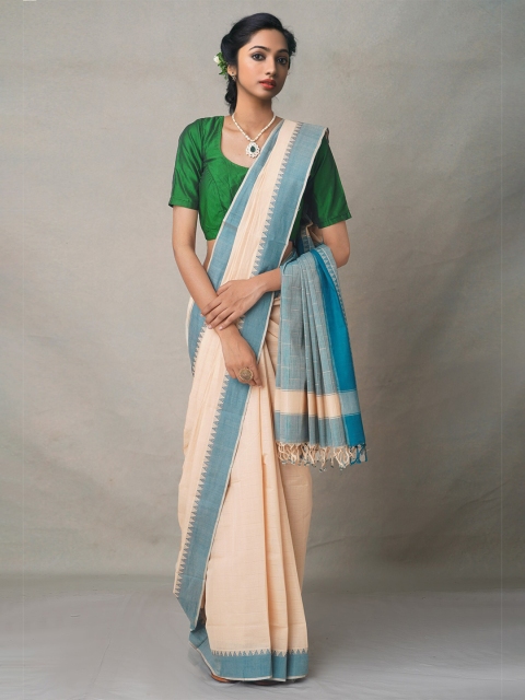 

Unnati Silks Cream-Coloured & Blue Chettinad Handloom Pure Cotton Saree