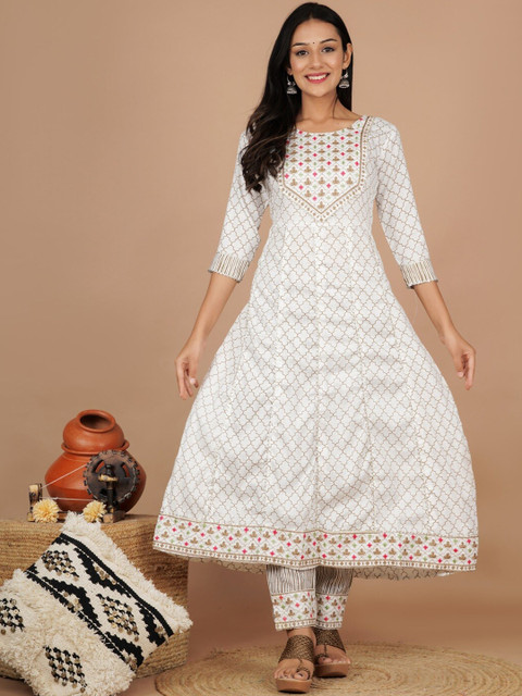 

UNISETS Woman Printed Embroidery Anarkali Kurta With Pant & Dupatta, White