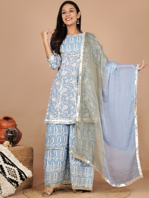 

UNISETS Women Turquoise Blue Ethnic Motifs Printed Kurti with Palazzos & With Dupatta