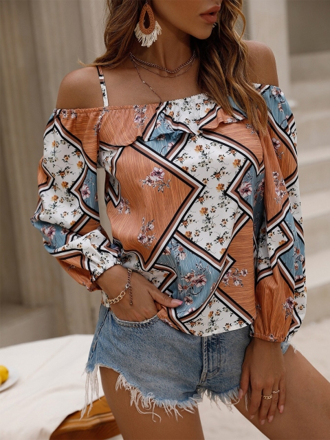 

BoStreet Women White & Beige Floral Printed Off Shoulder Top
