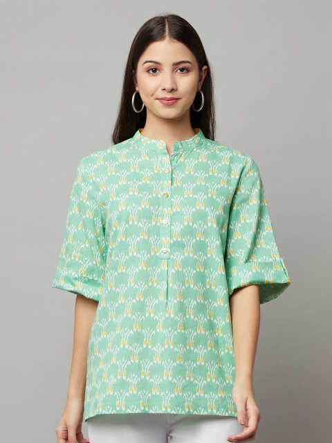 

FLAVIDO Green Ethnic Motifs Printed Linen Kurti