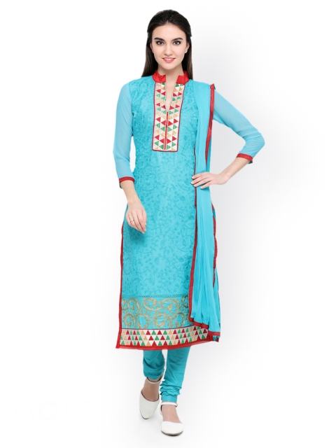 

Satrani Blue Cotton Embroidered Semi-Stitched Dress Material