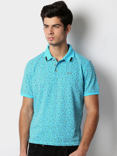 

Peter England Men Blue Floral Print Slim Fit Polo T-shirt