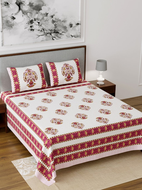 

Salona Bichona White Jaipuri Printed 120 TC Cotton 1 Queen Bedsheet with 2 Pillow Covers, Pink