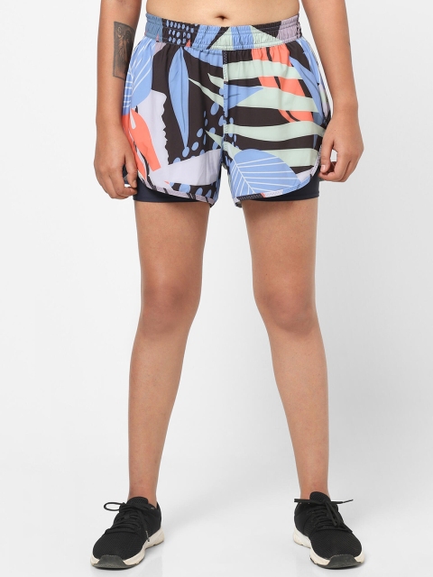 

Domyos By Decathlon Women Black & Blue Printed Fitness Shorts