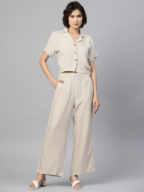 

RUNWAYIN Women Beige Solid Shirt with Trousers
