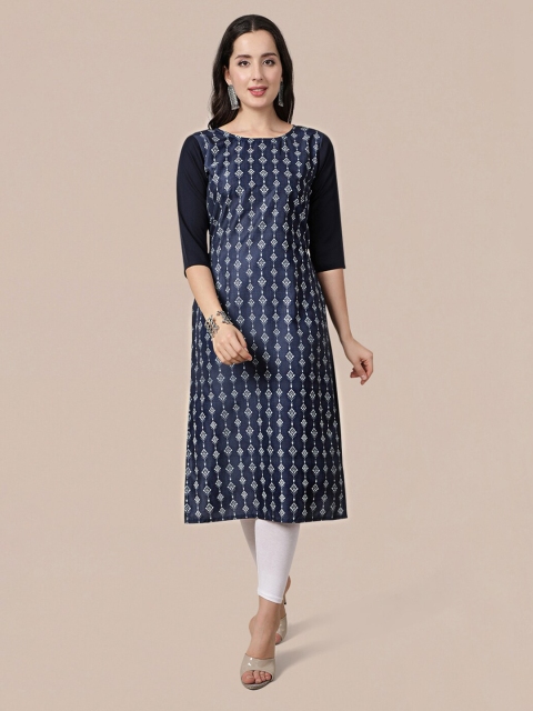 

MOKOSH Navy Blue Geometric Printed Pure Crepe Kurta