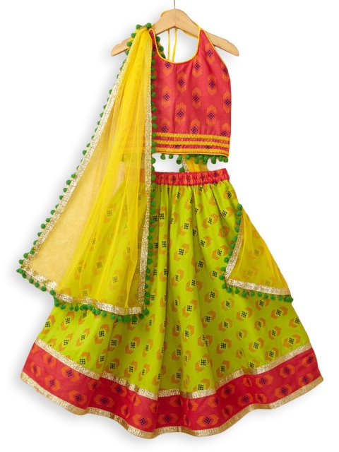 

Hopscotch Girls Green & Fuchsia Printed Ready to Wear Lehenga & Blouse With Dupatta