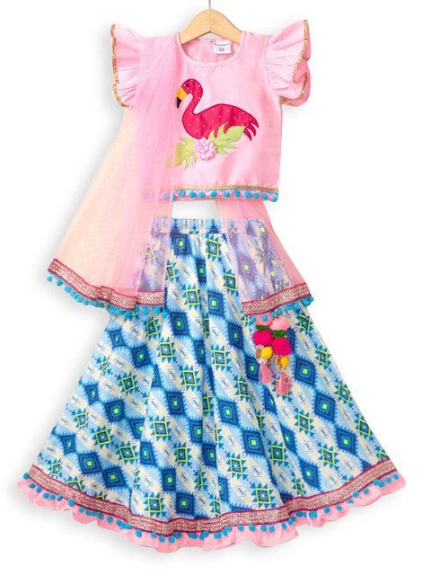 

Hopscotch Girls Pink & Blue Printed Ready to Wear Lehenga & Blouse With Dupatta