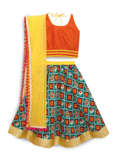 

Hopscotch Girls Green & Yellow Ready to Wear Lehenga & Blouse With Dupatta