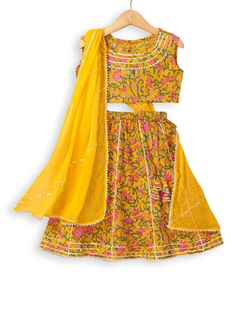 

Hopscotch Girls Yellow & Pink Printed Kalamkari Ready to Wear Lehenga & Blouse With Dupatta