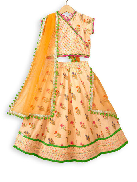

Hopscotch Girls Peach-Coloured & Green Printed Ready to Wear Lehenga & Blouse With Dupatta