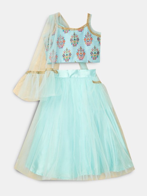 

Hopscotch Girls Blue & White Printed Ready to Wear Lehenga & Blouse With Dupatta
