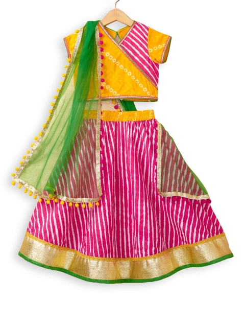 

Hopscotch Girls Pink & Yellow Printed Ready to Wear Lehenga & Blouse With Dupatta