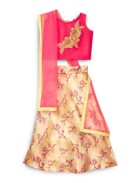 

Hopscotch Girls Pink & Beige Embellished Ready to Wear Lehenga & Blouse With Dupatta