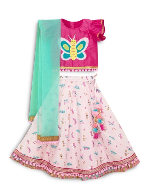 

Hopscotch Girls Pink & White Printed Ready to Wear Lehenga & Blouse With Dupatta