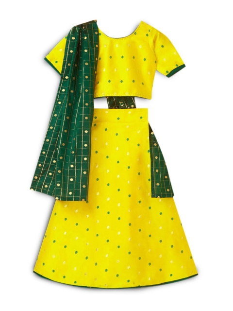 

Hopscotch Girls Green & Yellow Printed Ready to Wear Lehenga & Blouse With Dupatta