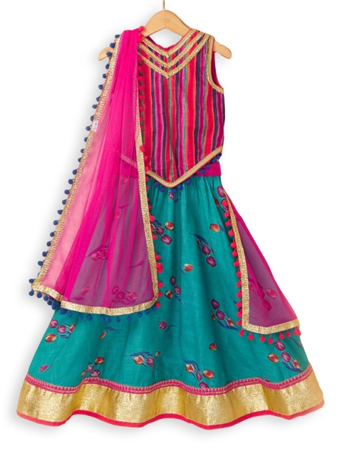 

Hopscotch Girls Green & Pink Printed Ready to Wear Lehenga & Blouse With Dupatta