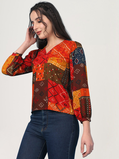 

J Turritopsis Brown & Orange Printed Wrap Top