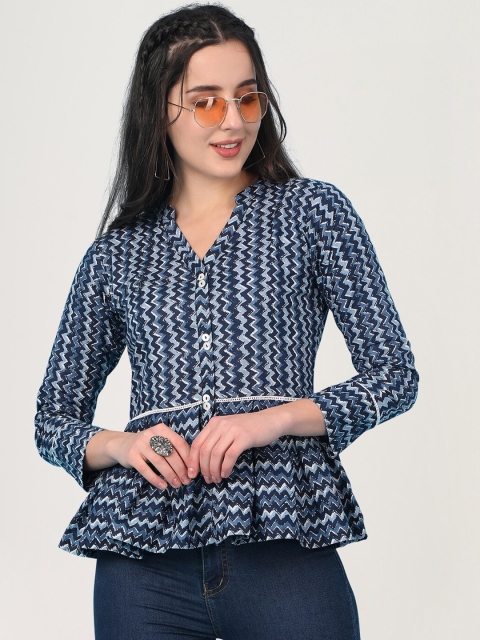

J Turritopsis Blue & White Striped Mandarin Collar Peplum Top