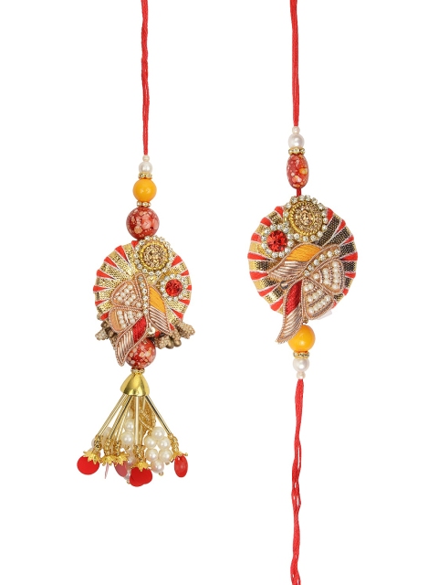 

Arendelle Set Of 2 Gold-Toned & Red Pearl Designed Lumba Rakhi