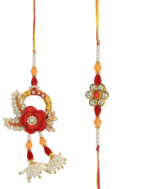 

Arendelle Gold Toned Red & Yellow Flower Beaded Rakhi Lumba Set for Bhaiya Bhabhi