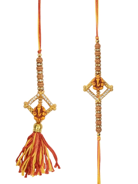 

Arendelle Unisex Gold Plated Brown & Yellow Set Of 2 Stone Studded Ganesh Rakhi