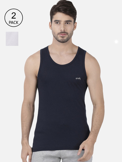 

one8 by Virat Kohli Men Pack Of 2 Solid Micro Modal Cotton Innerwear Vests, Navy blue