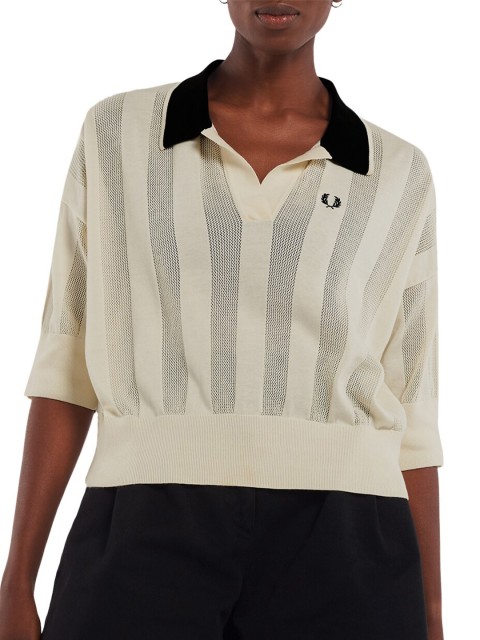 

Fred Perry Women Beige Striped Polo Collar Pure Cotton Loose Knitted T-shirt
