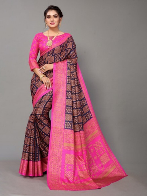 

Yashika Navy Blue & Pink Banarasi Art Silk Saree with Blouse Piece