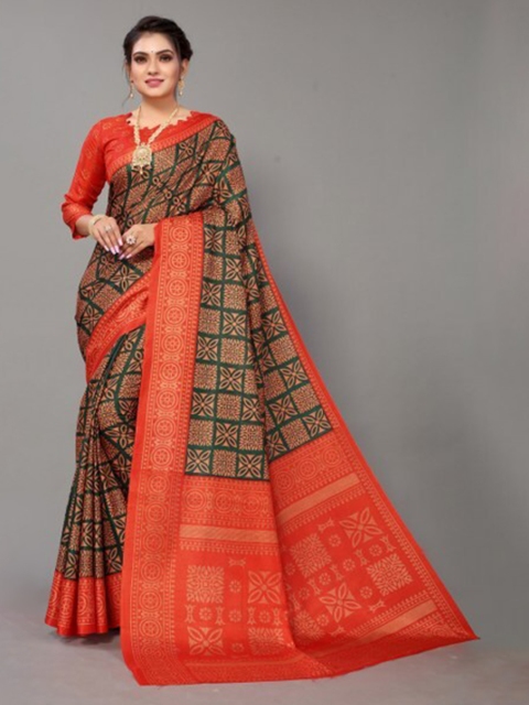 

Yashika Green & Red Ethnic Motifs Art Silk Saree