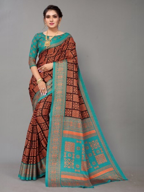 

Yashika Brown & Blue Floral Printed Art Silk Saree