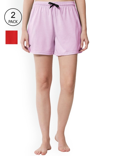 

FFLIRTYGO Women Red and Lavender Pack of 2 Solid Mid Rise Pure Cotton Shorts
