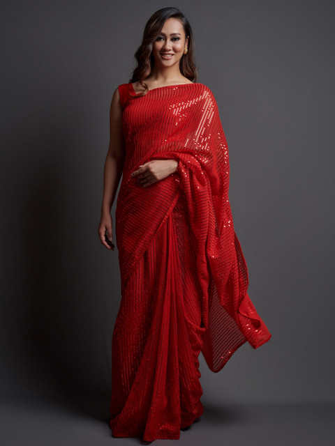 

Sangria Red Embellished Sequinned Pure Georgette Saree