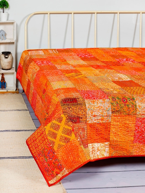

HANDICRAFT PALACE Orange Kantha Patchwork Silk Double Size Bed Cover