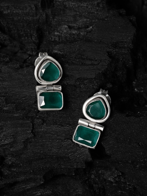 

Silvora by Peora Silver-Toned & Green Teardrop Shaped Studs Earrings