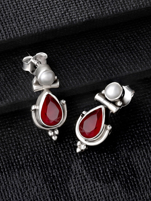 

Silvora by Peora Maroon & Silver-Plated Teardrop Shaped Drop Earrings