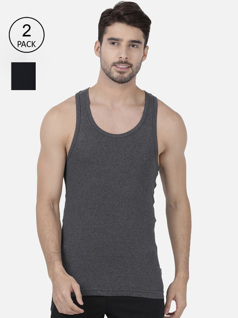 

one8 by Virat Kohli Men Pack Of 2 Charcoal Grey & Navy Blue Solid Pure Cotton Innerwear Vests