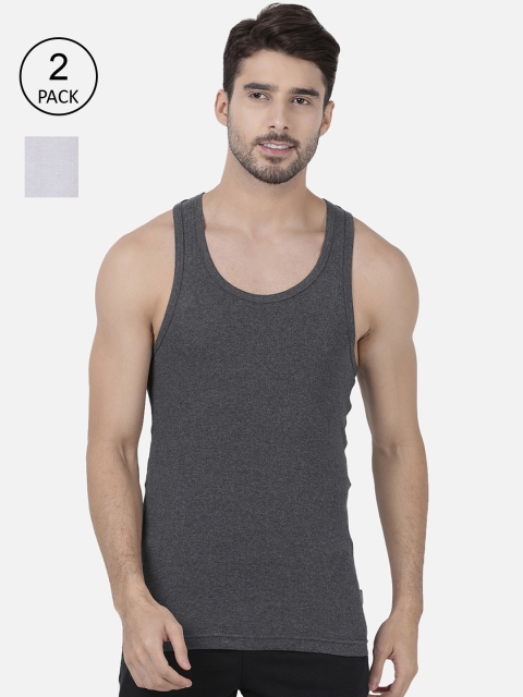 

one8 by Virat Kohli Men Pack Of 2 Charcoal Grey & White Solid Cotton Innerwear Vests