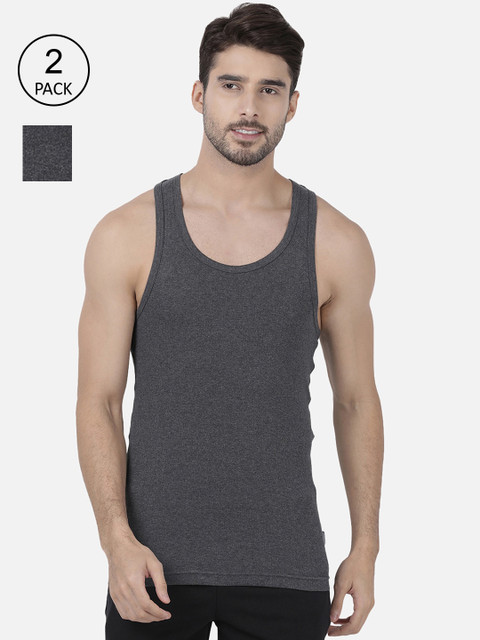 

one8 by Virat Kohli Men Pack Of 2 Charcoal-Grey Solid Combed Cotton Gym Vests