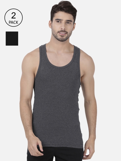 

one8 by Virat Kohli Men Pack Of 2 Charcoal and Black Cotton Solid Innerwear Vests