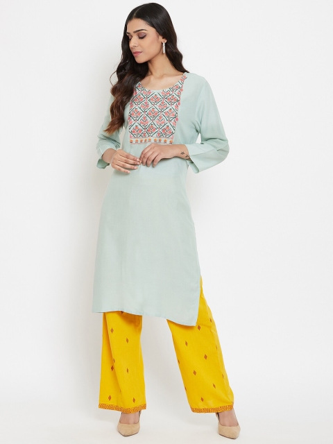 

Evalona Women Green & Multicoloured Floral Yoke Design Thread Work Floral Kurta