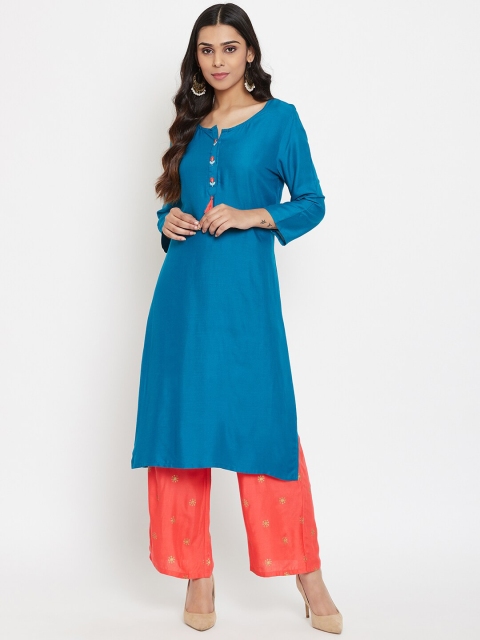 

Evalona Women Teal Rayon Solid Straight Knee Length Kurta