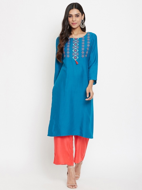 

Evalona Women Teal Ethnic Motifs Embroidered Kurta