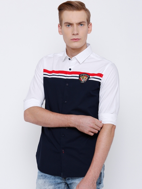 

LOCOMOTIVE Men Navy & White Slim Fit Solid Casual Shirt, Navy blue