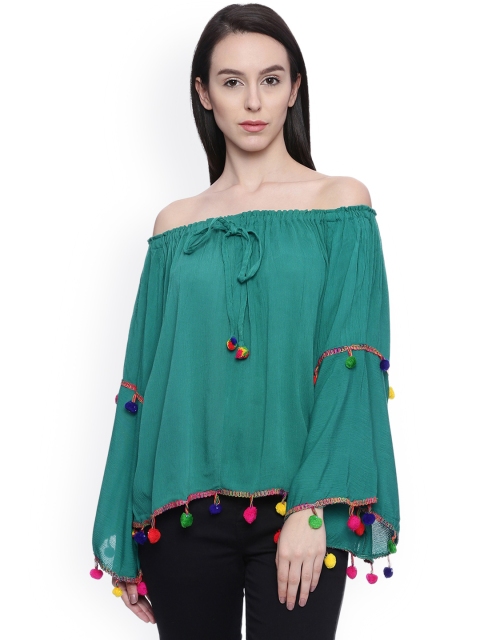 

Akiva Women Green Solid Bardot Top